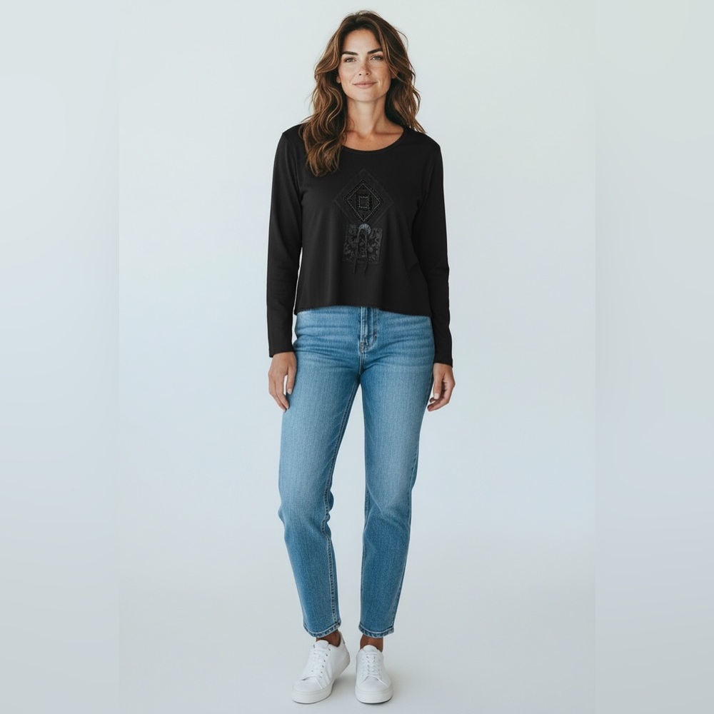 Surya Boho Artisan Embellished Cotton Long Sleeve Top – Black (S)